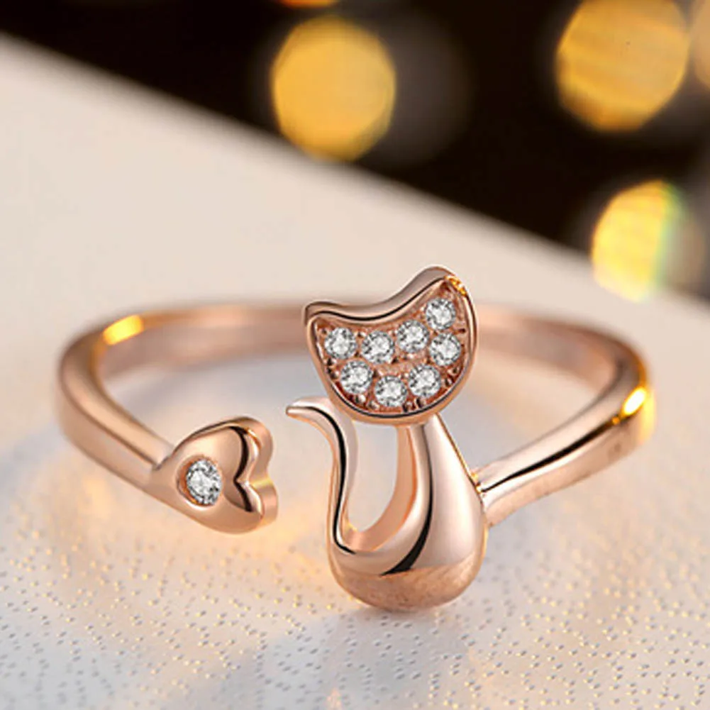 

Delicate Silver Tone Lovely Cat Shape Clear Crystal Inlaid Women Girl Opening Ring Party Jewelry Accessories