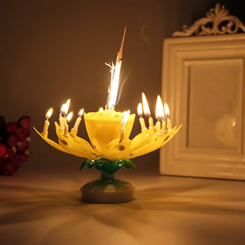 Double Layer Lotus Candle Light Rotating Art Musical Candle  8/14  Lotus Flower Candles Lamp For Birthday Party Decor Supplies