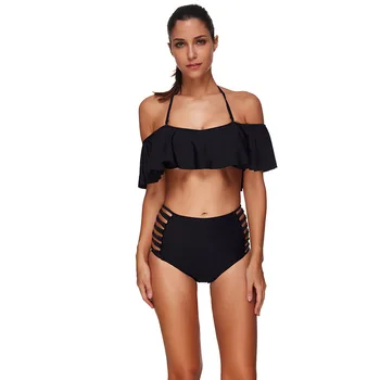 

KNLPJYQ Off Shoulder Swimwear 2019 Women High Waist Bikini Set Flounced Bandeau Swimsuit Halter Push Up Bathing Suit Biquini