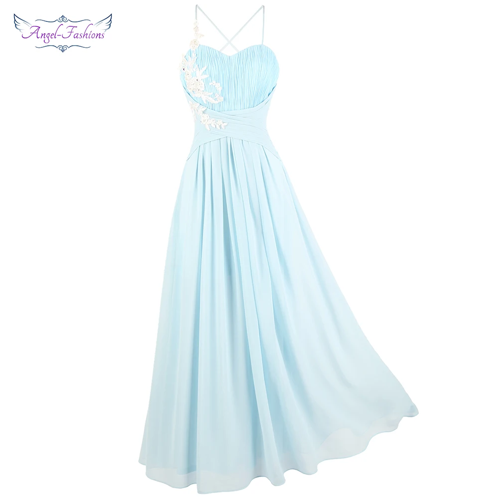 

Angel-fashions Women's Spaghetti Strap Pleated Appliques Evening Dress Chiffon Party Gown Summer Lace Up Light Blue 447