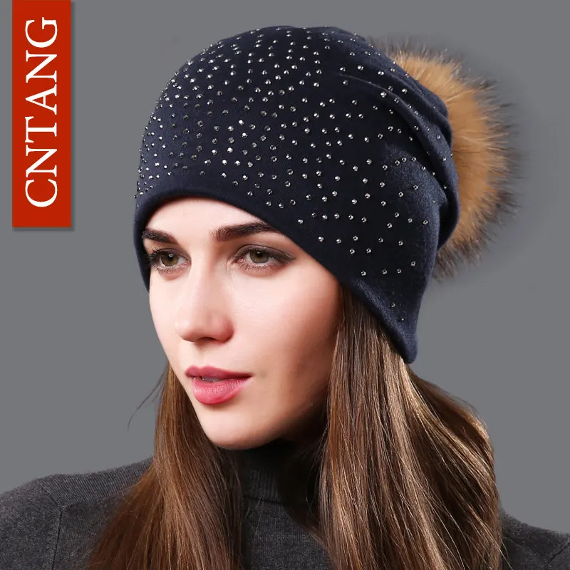 

CNTANG Fashion Autumn Beanies Rhinestones Hat For Women Female Skullies Natural Raccoon Pompom Fur Hats Winter Warm Cotton Caps