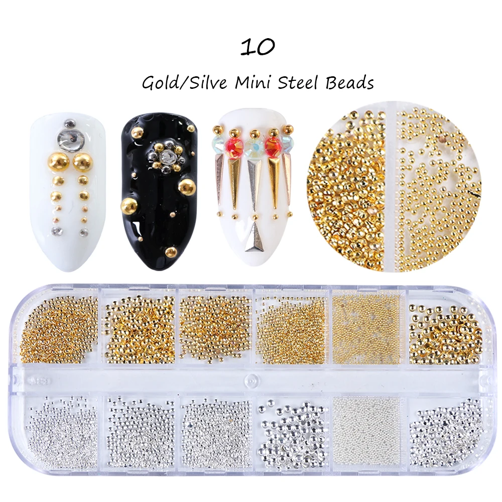 1 Box Gold Silver 3D Nail Art Metal Steel Beads Rivets Frame Seashell Mixed Shape Nail Jewelry DIY Manicure Accessories LA772 (1)