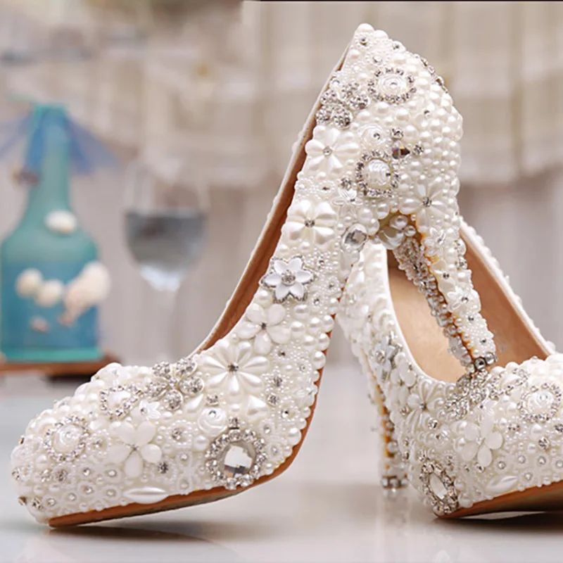 Pearl Women Wedding Shoes Crystal Bridal Evening Party White Pumps Super High Heel Round Toe Platform Shoes Sexy Lady Big Size Pearl Women Wedding Shoes Crystal Bridal Evening Party White Pumps Super High Heel Round Toe Platform Shoes Sexy Lady Big Size