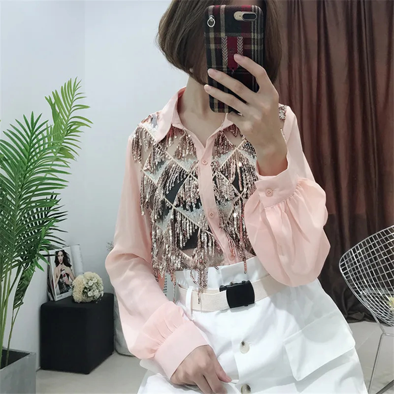 

2019 Sweet Spring and autumn new chiffon tassel sequined lapel long-sleeved solid color shirt ladies shirts top female clothes