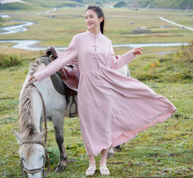 

Spring New Preppy Classic Frog Button Stand Collar A Line Women Jacquard Linen Dress, White Black Pink Long Sleeve Fitted Robe