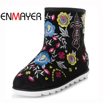 

ENMAYER Slip-on Winter Women Boots Warm Embroidery Shoes Cow Suede Snow Boots Flats Black High Quality Boots Large Size 34-40