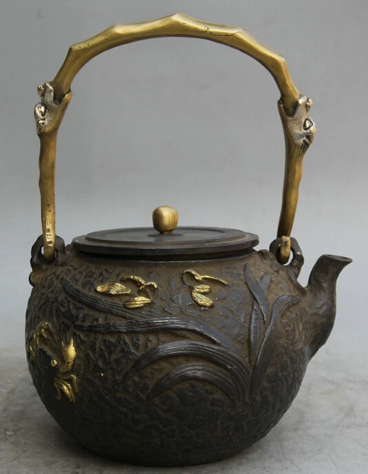 

JP S62 10" Old Marked Chinese iron Gild crab grass teapot kettle Wine Tea Pot Flagon