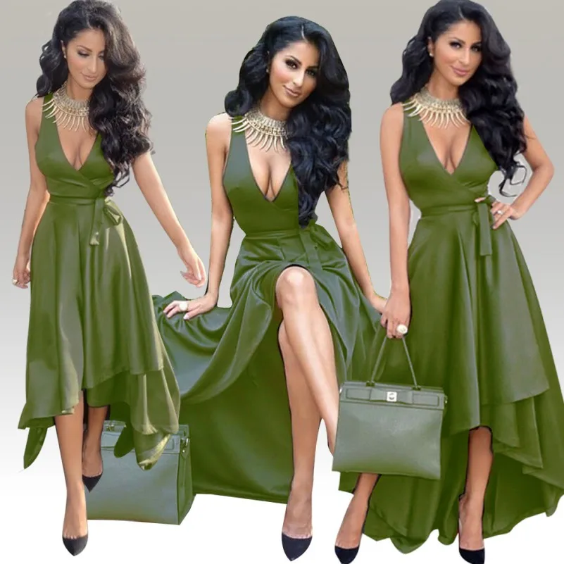 Women Vintage Elegant Sexy Deep V Neck Wrap Asymmetric