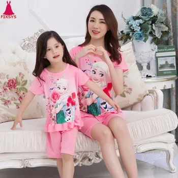 

2020 Summe Mother Daughter Pajamas Set Elsa Anna Cartoon Sleepwear Suits Kids Clothes Princess Pyjamas Pajamas for Girls 2Pcs