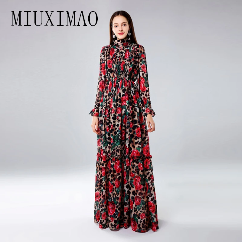 

MIUXIMAO Custom Plus Size Maxi Dress 2019 Spring New Arrival Fashion Red Rose Draped Print Elegant Floor-Length Long Dress Women
