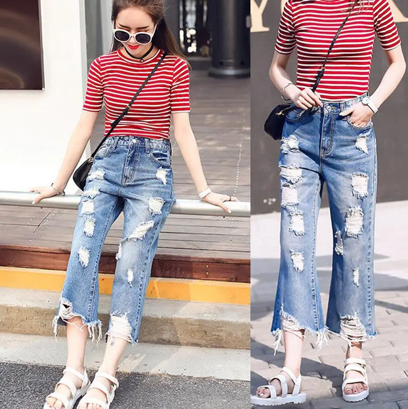 New women Bell Bottom Jeans 2017 Plus Size Ripped Denim Pants casual Wide Leg Flare Jeans