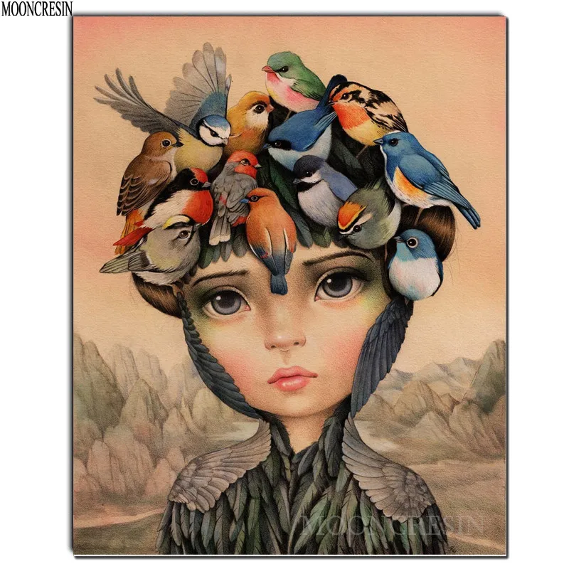 

5D Diy Diamond Painting Cross Stitch Girl With Bird Feathers Needlework 3D Diamond Embroidery Full Round Mosaic Decoration Resin