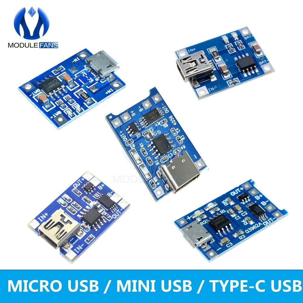 

5PCS/set Type-c/Micro/Mini USB 5V 1A 18650 TP4056 Lithium Battery Charger Module Charging Board Dual Functions 1A Li-ion