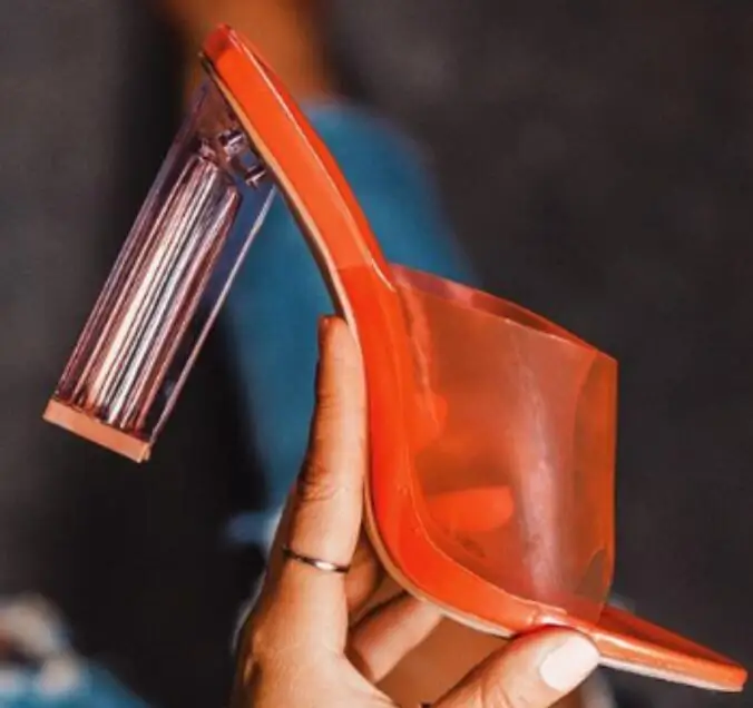 

2019 Newest Orange PVC Patchwork High Heel Sandal Sexy Open Toe Thick Heels Woman Shoe Woman Summer High Heel Shoe