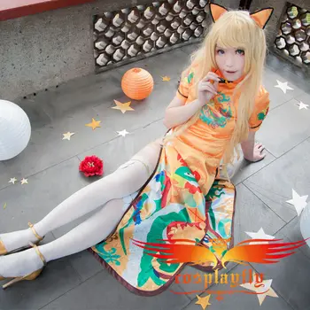 

TDA Vocaloid V Family SeeU Cheongsam Cosplay Costume Sexy High Slit Women Dress Custom Any Size Yellow Printed Cheongsam Hairpin