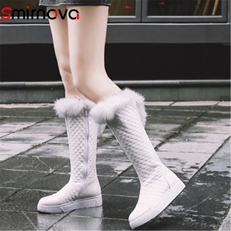 

Smirnova TOP fashion pu leather boots 2020 casual med heels knee high boots fur boots woman zipper large size 33-43 shoes winter