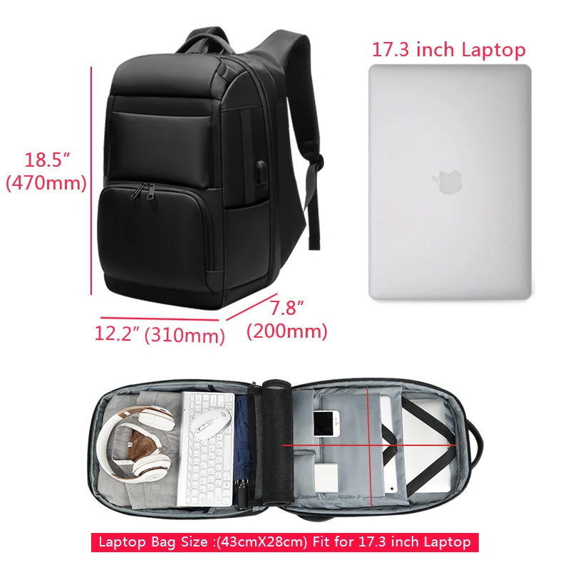  17.3 inch Laptop Backpack Men with USB Charging & Water Repellent Functional Rucksack Large Capacit