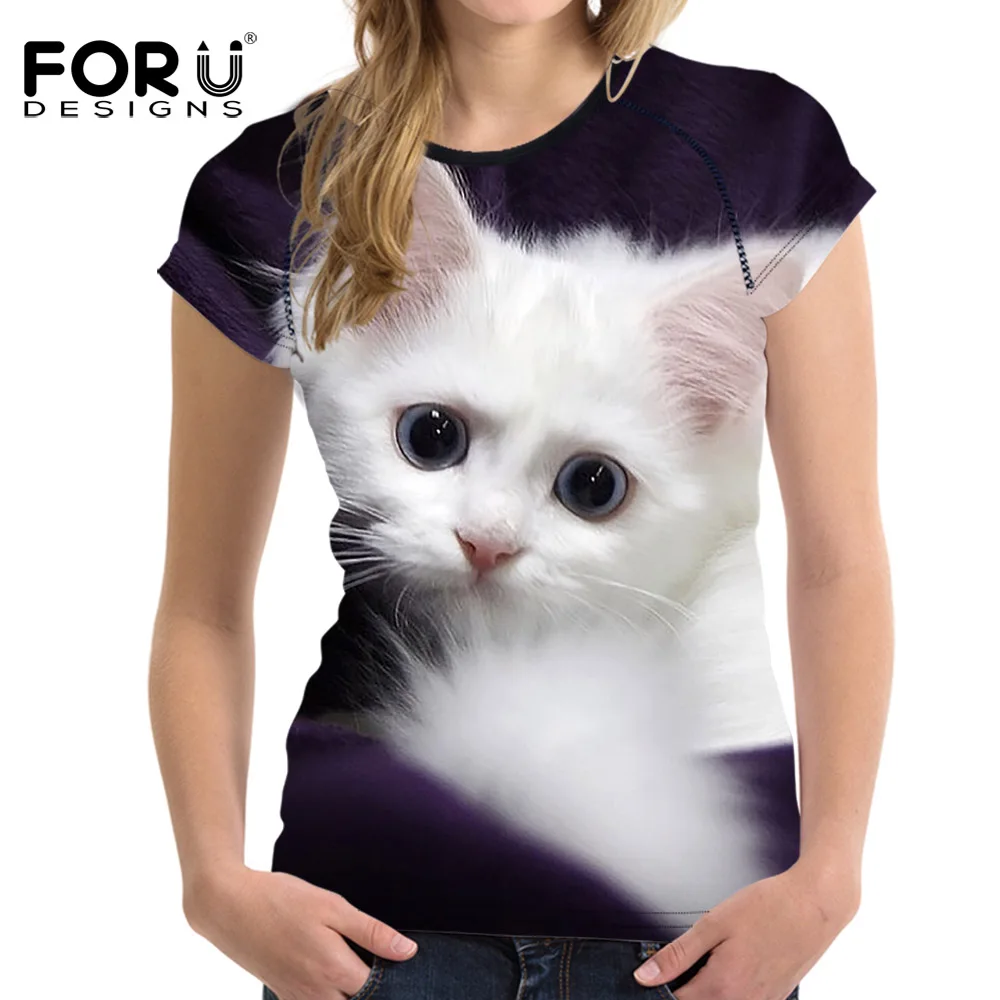 FORUDESIGNS/футболка для женщин в стиле панк-рок белая футболка с 3D изображением кота