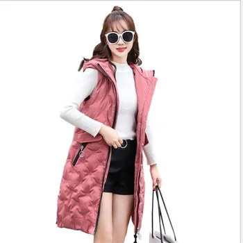 

High Quality Women Winter Vest 2018New Medium-Long Down Cotton Waistcoat Sleeveless Hooded Warm Thicken Vest Plus Size 3XLCQ2734