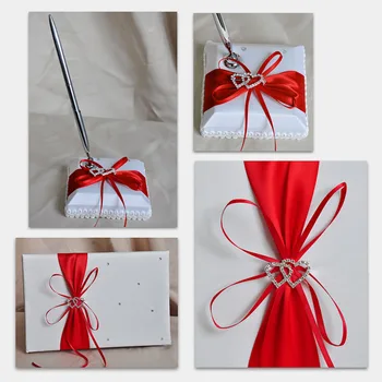 

Wedding Guest Attendance Book Pen Holder Sets With Double Heart Bow Diamond Decoration Signature Book Wedding Supplies A