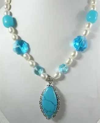 

Fashion White Shell Pearl Blue Jade/Crystal Turquoise Pendant Necklace