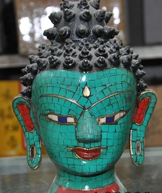 

8"chinese Tibet Buddhism turquoise Bronze Shakyamuni Buddha Head Bust Statue