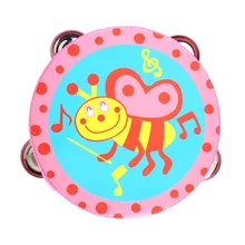 6inch Hand Held Tambourine Drum Bell Metal Jingles Cartoon Pattern Colorful Wooden Percussion Instruments Musical Toy for Kids
