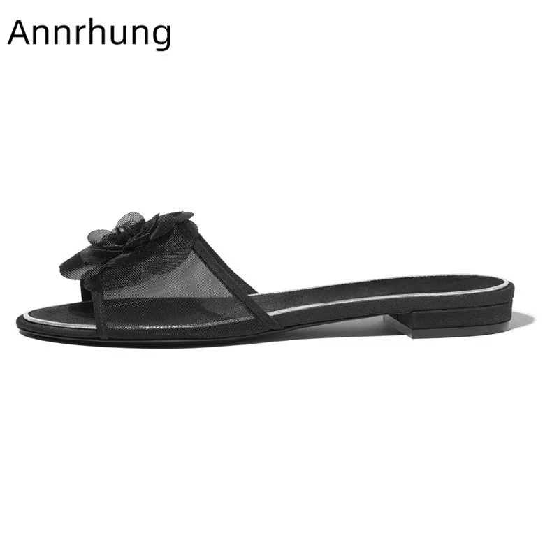 

2019 New Summer Lace Flower Flat Slippers Women Translucent Air Mesh Summer Shoes Woman Fashion Open Toe Slides De Mujer