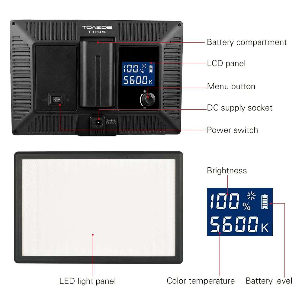 Kopen Toazoe T119S Led Video Licht Ultradunne Lcd Bi Color Dimbare Dslr Studio Led Lamp Panel   F550 batterij + Lader Voor Camera Dv