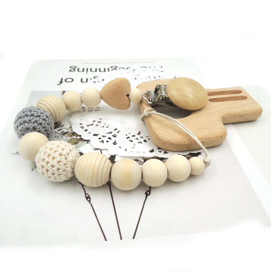 Set of grey and cream crochet bead wooden heart big key teether beech baby teethers pacifier clip dummy holder NT241 Set of grey and cream crochet bead wooden heart big key teether beech baby teethers pacifier clip dummy holder NT241