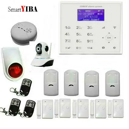 

SmartYIBA IOS Android APP Wifi Wireless Security Alarm System HD Network Camera Smoke Detector Alarm GPRS SMS Alarm Kits