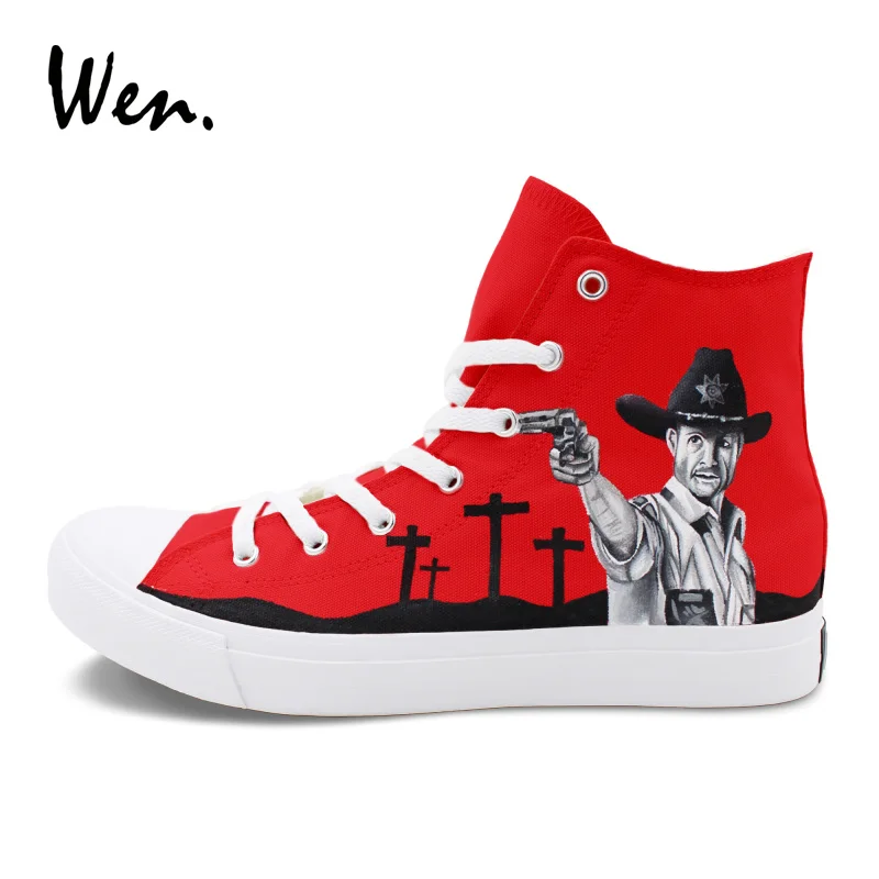 

Wen Hand Painted Shoes Red Canvas Sneakers The Walking Dead Graffiti Painting Unisex Skateboarding Shoes Big Size 46-49 Trainer