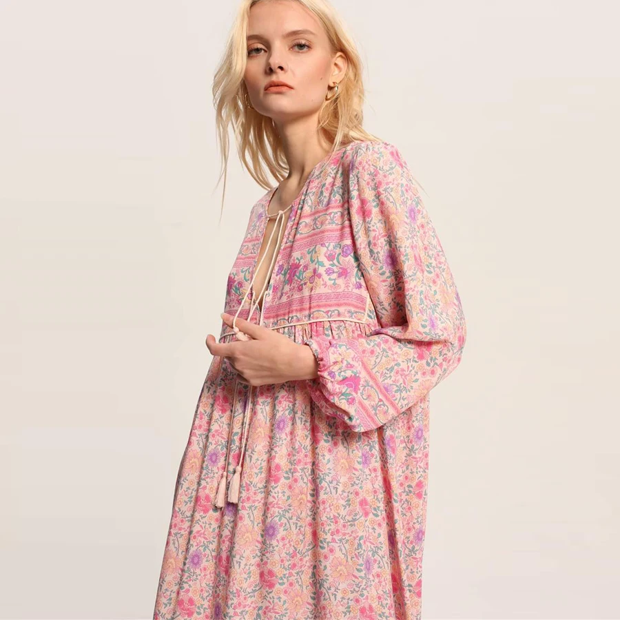 

Feccer boho dress for women pink floral print rayon V-neck long sleeve chic women dresses bohemia loose Hippie dresses Sukienka