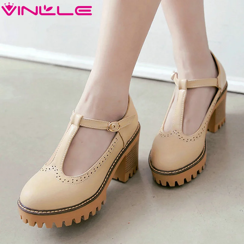 

VINLLE 2017 Women Pumps Square High Heel PU Leather T-strap Round Toe Platform Summer Spring Ladies Solid Shoes Size 34-43