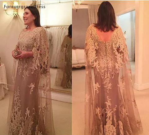 Champagne Lace Mother of Bride Groom Dresses A Line Jewel Neck Full Appliques with Wrap Long Mother Formal Party Dresses BC2072  143
