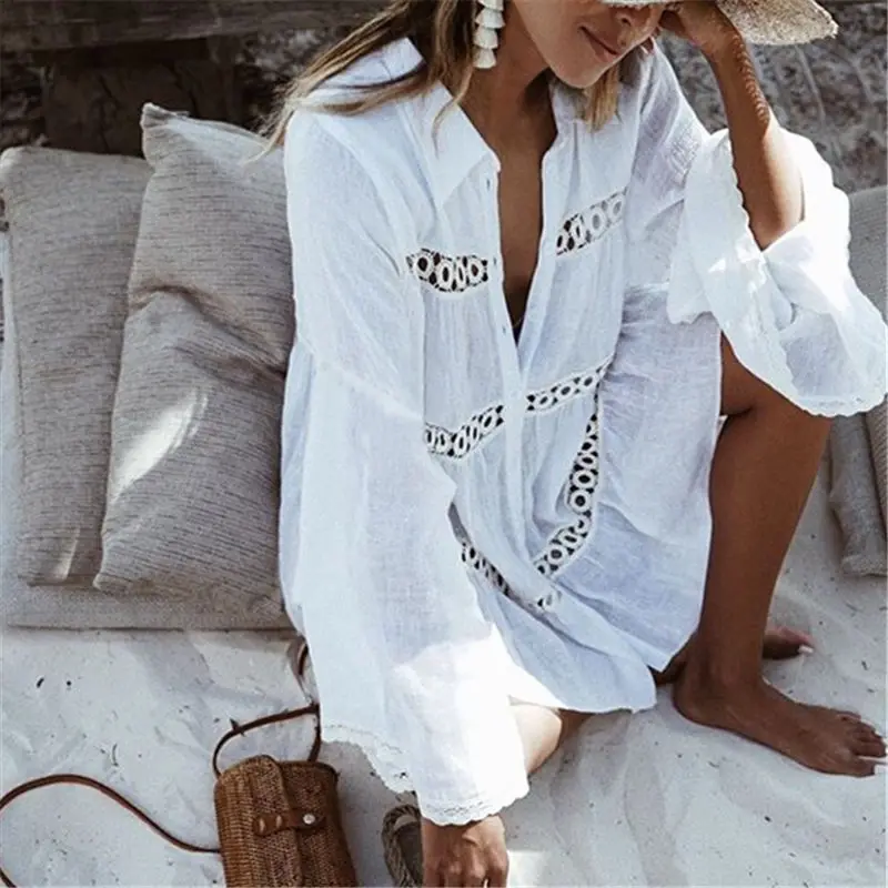 bathing suit wrap skirt 2021 Women Swimsuit Cover Up Sleeve Kaftan Beach Tunic Dress Robe De Plage Solid White Cotton Pareo High Collar Beachwear long beach dresses