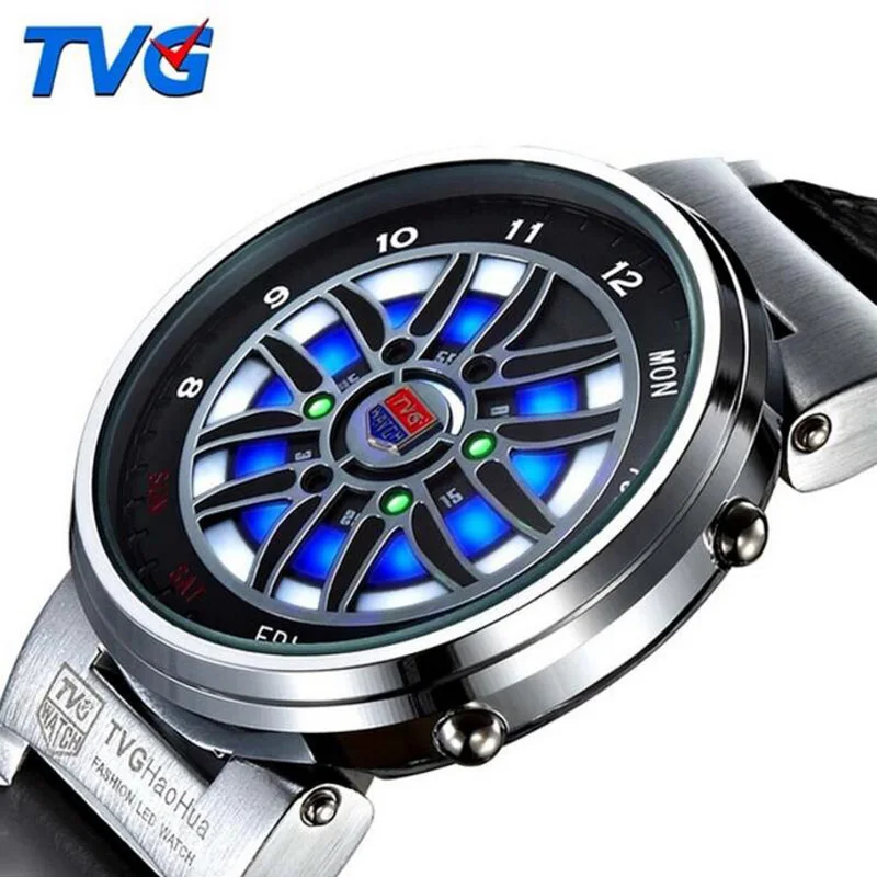 

Luxury Brand TVG Creative Design Car Roulette Led Digital Watch Men Outdoor Sports Analog Digital Wristwatch Racing Watches X6