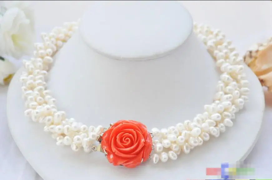 

FREE SHIPPING>>>@@ > Hot sale new Style >>>>>4row 19" white rice freshwater pearl necklace pink flower