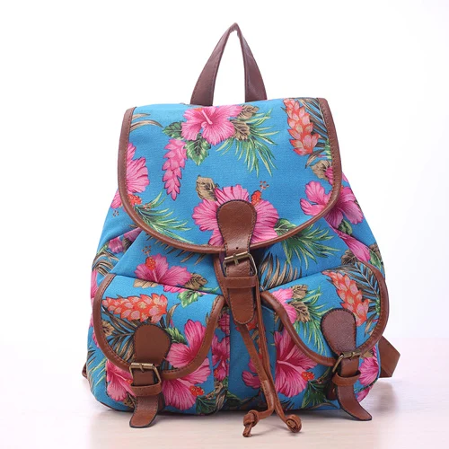 Холщовая Сумка из искусственной кожи Mochila, модный рюкзак, школьные сумки для девочек, Женский школьный рюкзак с цветочным принтом - Цвет: Flower blue