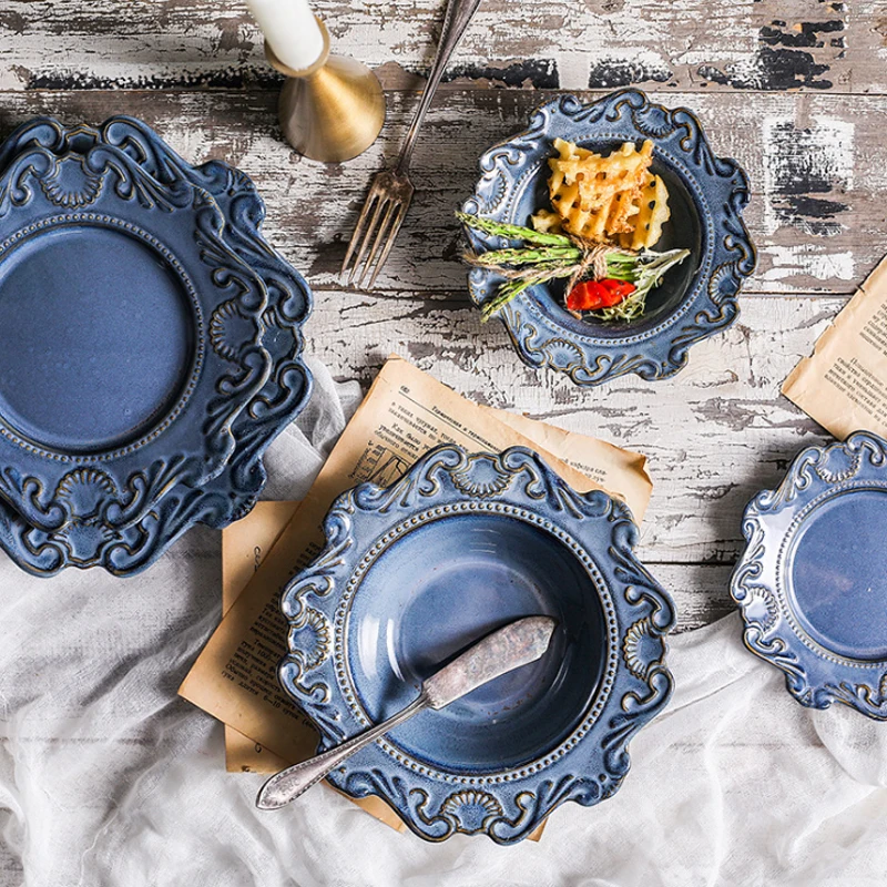 

High quality retro luxury embossed ceramic dish Western dish dessert bowl salad bowl fruit steak plate Baroque ceramics CL190416