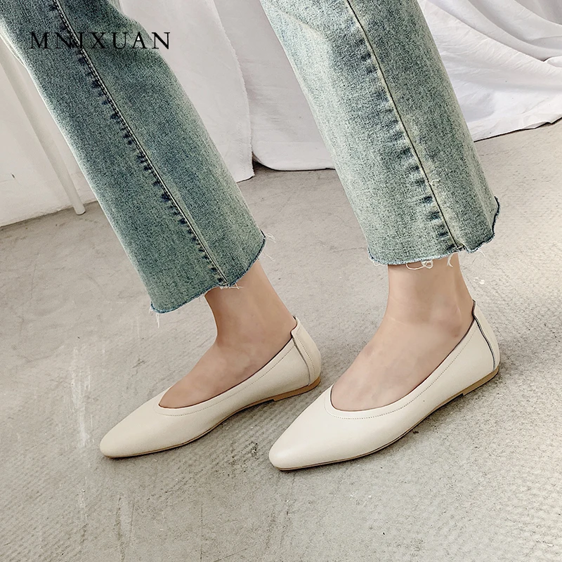 

MNIXUAN Handmade women ballet flats shoes 2019 spring new genuine leather square toe slip on casual shallow shoes big size 34-43