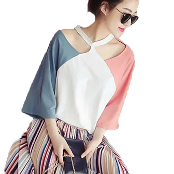 

Halter Hollow Out 3 Color Patchwork 3/4 Sleeve T Shirt Stretchy Women Basic Tops Large T Shirt
