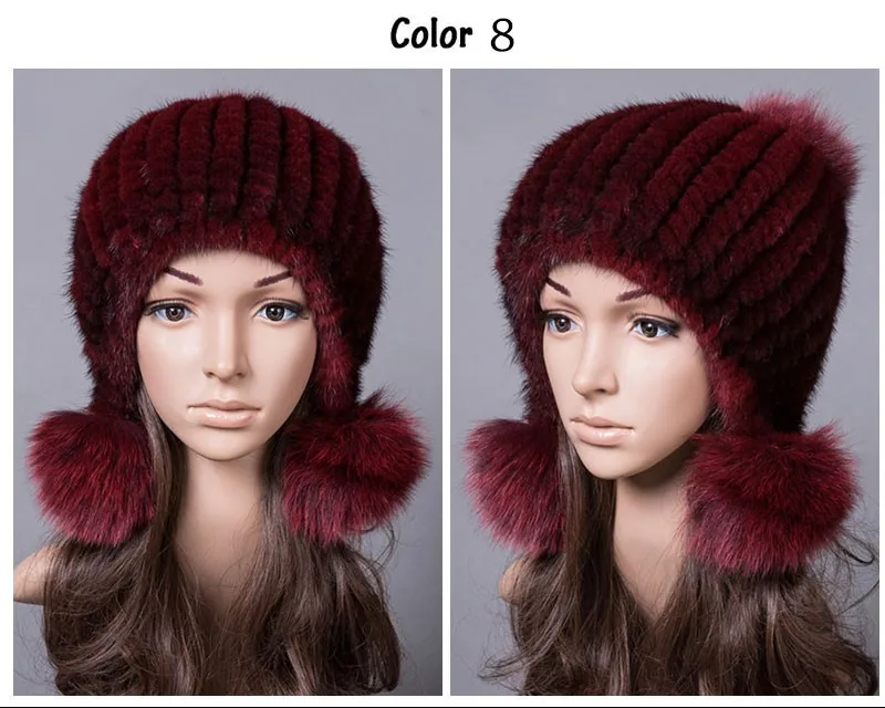 100% натуральная норковая меховая шапка для женщин зимние вязаные шапки шапочки с лисьим мехом помпоны из натурального меха норки толстые