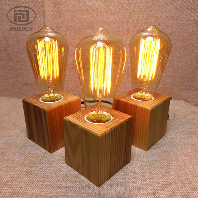 Loft Vintage Industrial Square Wooden Table Lamp E27 Edison Bulb