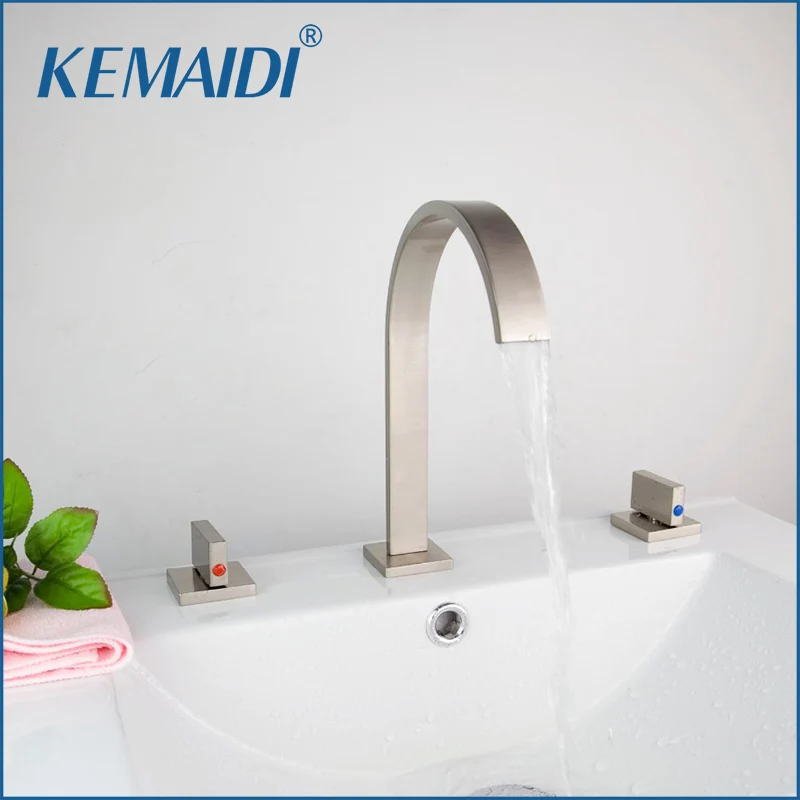 

KEMAIDI Wholesale 3 pcs Deck Mounted Bathroom Mixer Tap Bath Basin Sink Faucet Nickel Brushed Vanity Faucet 04A Mixer Tap Faucet