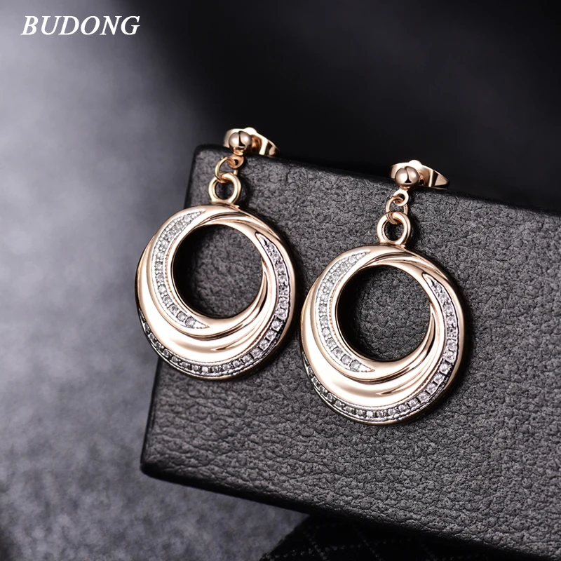 

BUDONG Romantic Jewelry 2018 Stud Earrings For Wedding Elegant Gold Color AAA Cubic Zirconia Stone Round Earrings XUE606