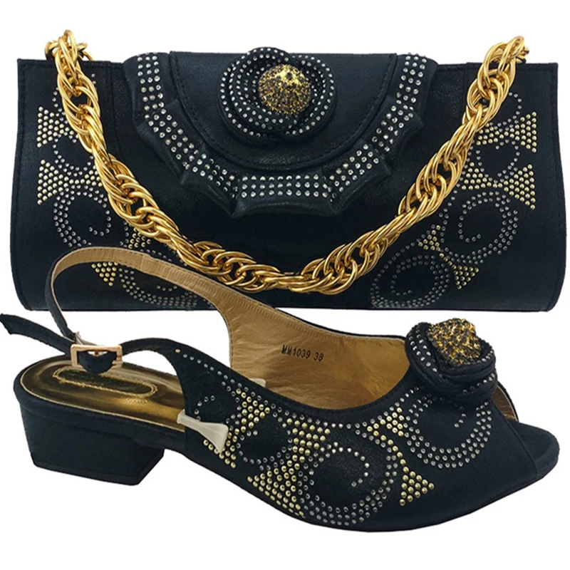 

Latest Black Color Matching Shoes and Bag Set Decorated with Rhinestone Women Shoes and Bag Set In Italy Nigerian Shoe Bag Set
