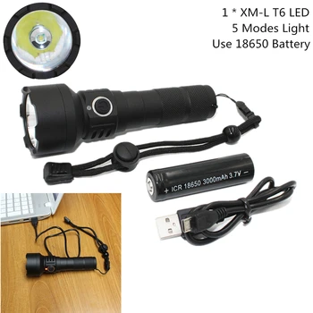 

Tactical Flashlight USB Rechargeable 18650 Lamp XML T6 LED Light 5 Modes Aluminum lantern with indicator Light + USB Cable