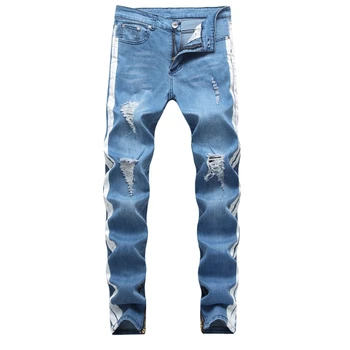

Men Stripe Hole Ripped Long Jeans Male Skinny Hip Pop Pencil Pants Men Vintage Lightweight High Stretch Denim Pant AA51426
