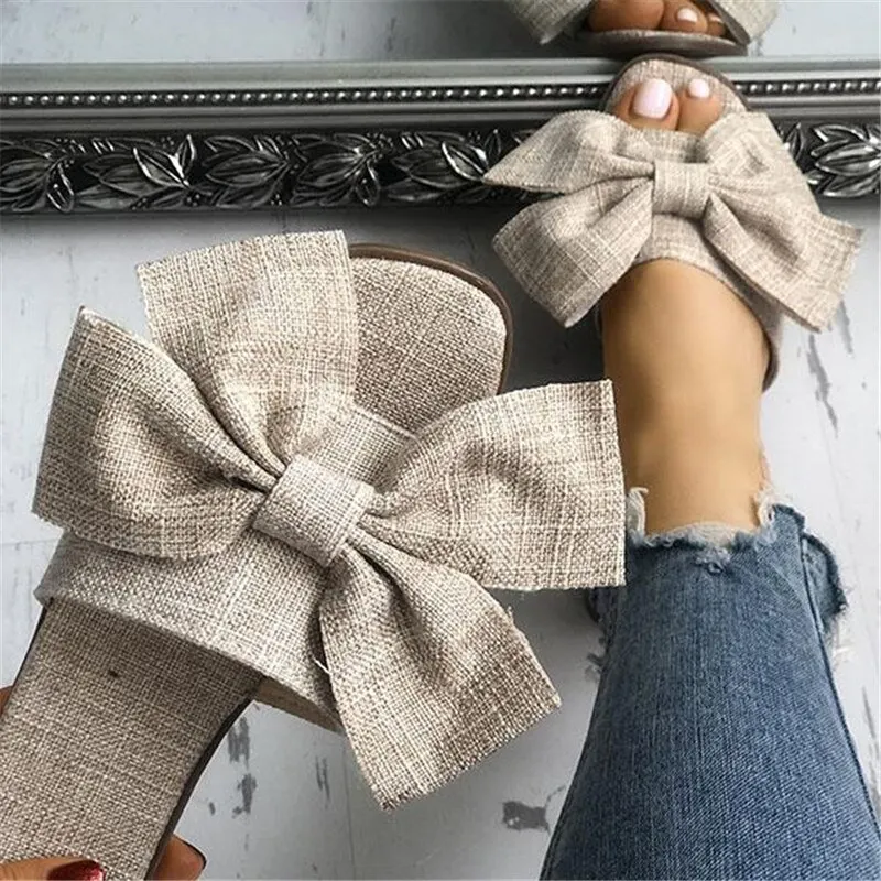 

New Summer Fashion Cloth Bow Knot Women's Slippers Fashion Beach Outdoor Flat Slippers Flip Flops Female Round Toe Beach Slides